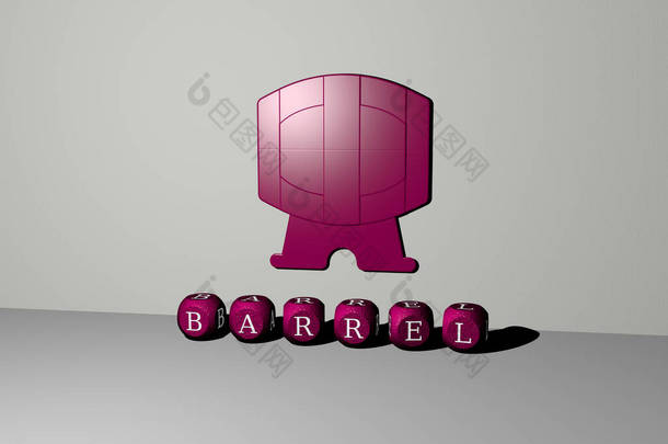 三维说明BARREL图形和文字的金属骰子字母的相关含义的概念和演示。背景和黑人