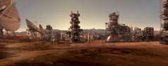 用于科幻小说或空间探索背景的火星殖民地的3D图像，位于红色岩石地形上，带有工业、模块化、建筑和通信天线.