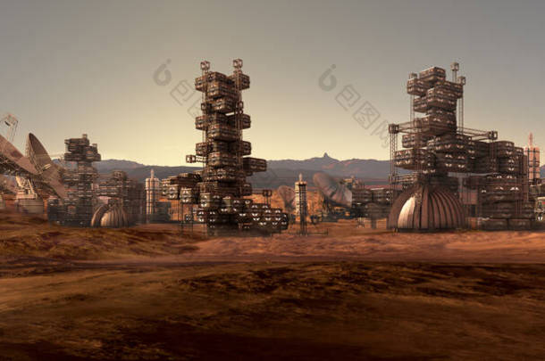 用于科幻小说或空间探索背景的火星殖民地的3D图像，位于红色岩石地形上，带有工业、模块化、建筑和通信天线.