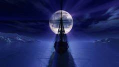 老船在夜间满月3D渲染图解