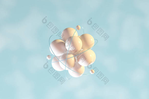 具有青色有机背景的原子球体，3D渲染。计算机数字绘图.