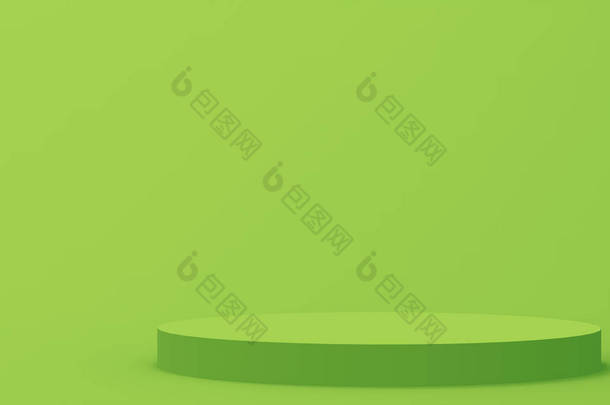3D绿色圆筒讲台最小工作室背景。摘要三维<strong>几何形</strong>体图解绘制.展示食物及天然产品.