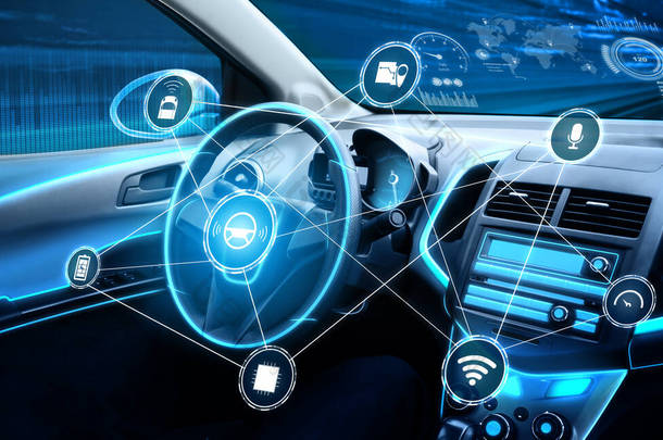 无驱动汽车内部与未来的仪表板自动控制系统.利用人工智能传感器驱动无人驾驶汽车驾驶舱HUD技术的内部视图 .