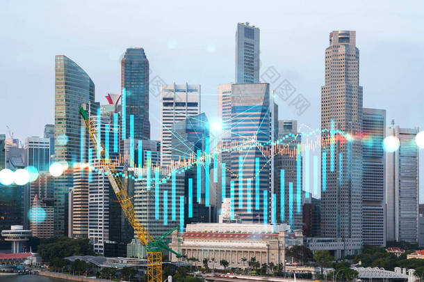 外汇市场和股票市场的全息图覆盖了新加坡这个亚洲金融中心的全景。国际贸易的概念。加倍暴露.