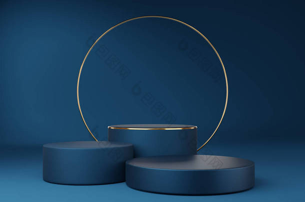 空的蓝色圆柱形讲台，<strong>金色边框</strong>，蓝色底座上有金圆。摘要最小工作室3D几何形状对象.展示产品设计的模拟空间.3d渲染.
