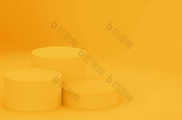3D黄色圆筒讲台最小工作室背景。摘要三维几何形体图解绘制.夏季假日产品的展示.