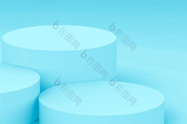 3D蓝色圆筒讲台最小工作室背景。摘要三维<strong>几何形</strong>体图解绘制.医药产品的展示