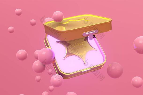 3D渲染图片警长徽章在金盒粉红色背景与浮动气泡。摘要墙纸。动态壁纸。现代封面设计。3D插图.