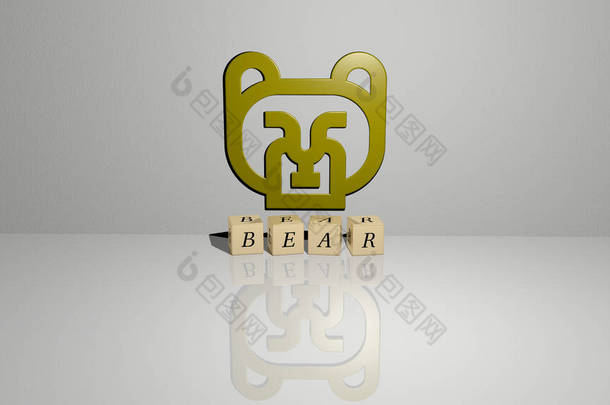 地板上的立方体骰子字母和墙壁上的3D图标的BEAR文本.<strong>动物</strong>和背景的3D插图
