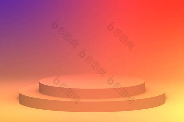 3D黄色橙色和紫色霓虹灯圆柱形讲台最小演播室渐变色彩背景。摘要三维<strong>几何形</strong>体图解绘制.夏季假日产品的展示.