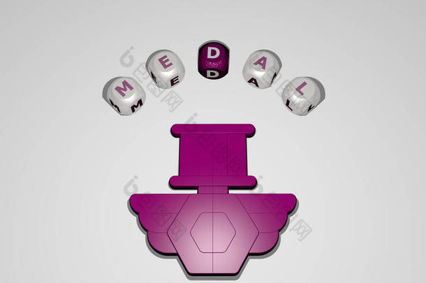 MEDAL环绕着3D图标的不同字母的圆形文字- -三维<strong>颁奖</strong>和黄金插图