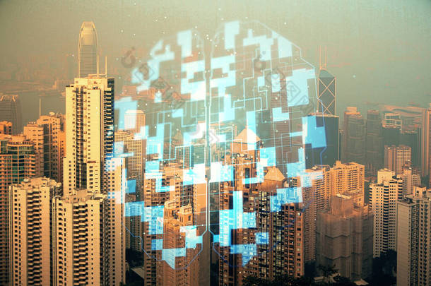 数据主题全息图绘制的城市景观与摩天大楼背景双重曝光.技术概念.