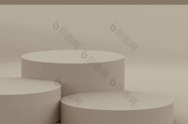3D棕色圆筒讲台最小工作室背景。摘要三维<strong>几何形</strong>体图解绘制.化妆品香水时尚产品的展示.