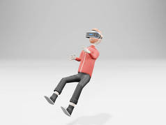年轻人使用虚拟现实耳机VR，在小说世界中飘浮