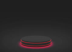 3D红色霓虹灯与黑色圆柱形讲台最小工作室黑色背景。摘要三维几何形体图解绘制.技术和商业游戏产品的展示.