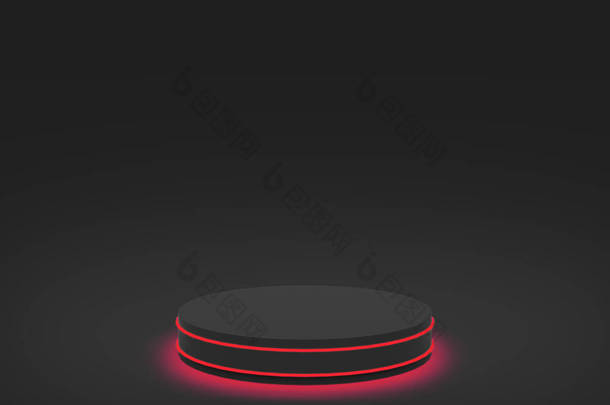 3D红色霓虹灯与黑色圆柱形讲台最小工作室黑色背景。摘要三维几何形体图解绘制.技术和商业游戏产品的展示.
