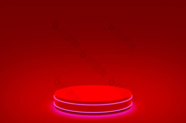 3D红色霓虹灯圆柱形讲台最小工作室红色黑色背景。摘要三维几何形体图解绘制.圣诞假期产品的展示.