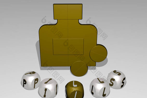 围绕3D图标的立方体<strong>字</strong>母的PILLS圆形文本，用于背景和医学的3D插图