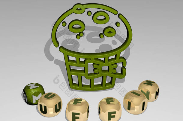 围绕3D图标的立方体字母的松饼圆形文字，蛋糕和背景的3D插图