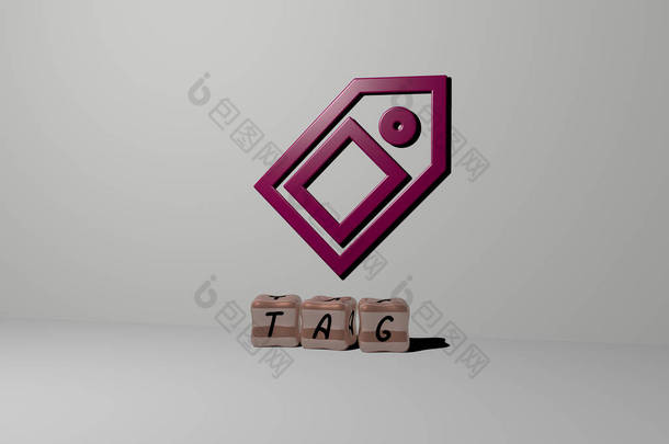 墙上的TAG 3D图标和<strong>地</strong>板上的立方字母，标志和横幅的3D插图