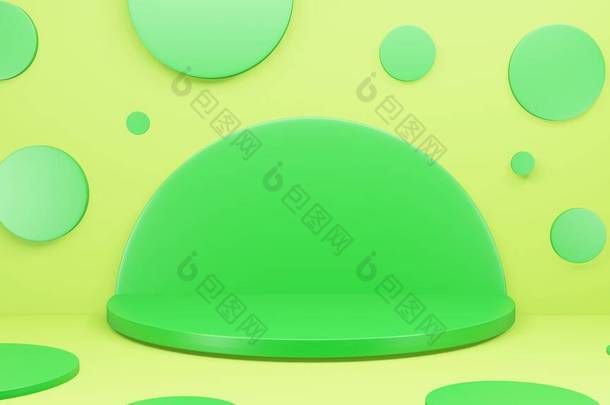 3D渲染工作室几何形状，讲台在地板上。一套产品展示平台，3D渲染绿色彩色圆形房间图片.