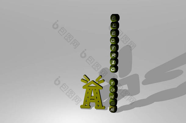 电塔文<strong>字</strong>旁边的3D图标，3D插图背景和设计