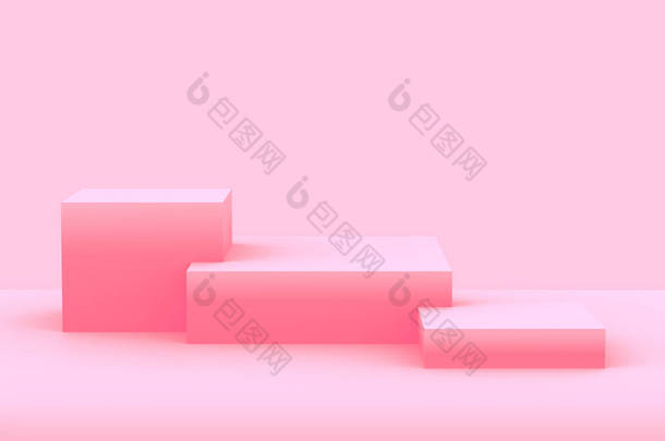3D白色粉红立方体渐变的色彩在柔和的粉刷最小的工作室背景。摘要三维几何形体图解绘制.夏季假日产品的展示.