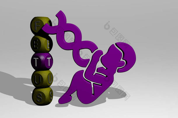 FETUS 3D图标和骰子<strong>字</strong>母文本，婴儿和孕妇3D插图