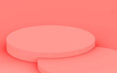 3D粉色珊瑚圆柱形讲台最小角落工作室背景。摘要三维几何形体图解绘制.情人节产品的展示.