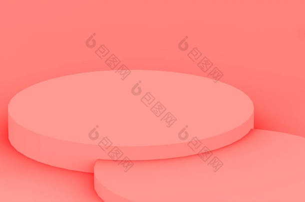 3D粉色珊瑚圆柱形讲台最小角落工作室背景。摘要三维几何<strong>形体</strong>图解绘制.情人节产品的展示.