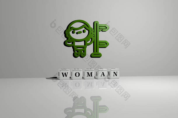 地板上的三次骰子字母和墙上的3D图标的WOMAN文本，3D插图