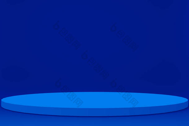 3D<strong>蓝色</strong>圆筒讲台最小工作室背景。摘要三维几何形体图解绘制.技术产品的<strong>展示</strong>.