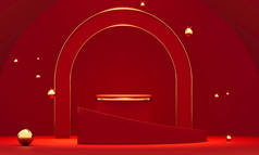 三维渲染红色讲台几何与黄金元素。产品演示台空白.最小场景圆形台阶抽象构图.空陈列柜，基座平台陈列柜.