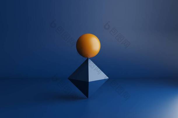 3D渲染，橙色球体在<strong>蓝色菱形</strong>，<strong>蓝色背景</strong>上完美平衡