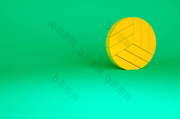 橙色排球图标孤立在绿色背景.<strong>运动器材</strong>。最低纲领的概念。3D渲染3D插图.