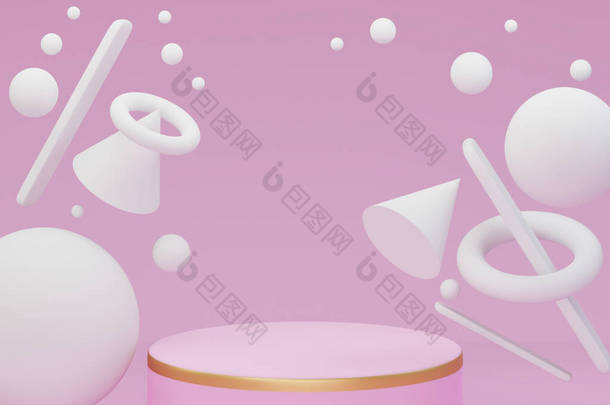 在粉红背景上有白色几何形状的<strong>舞台剧</strong>。空白产品摊位，模拟。3d说明