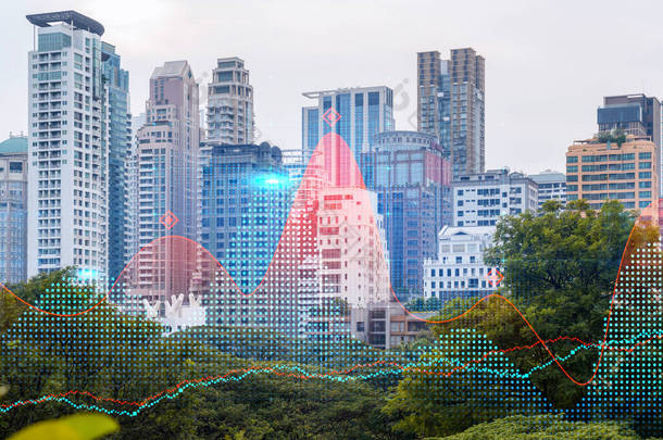 外汇市场和股票市场的全息图覆盖了曼谷这个亚洲金融中心的全景。国际贸易的概念。加倍暴露.