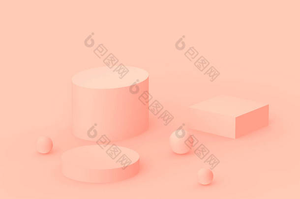 摘要三维粉红桃平台最小工作室背景.3D几何形状物体图解绘制。化妆品及美容美发产品展示.