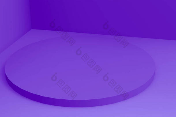 3D紫色圆柱形讲台最小工作室背景。摘要三维几何形体图解绘制.化妆品香水时尚产品的展示.