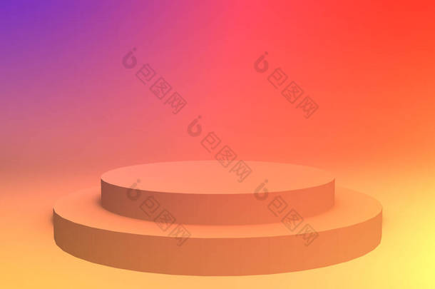 3D黄色橙色和紫色霓虹灯圆柱形讲台最小<strong>演播室</strong>渐变色彩背景。摘要三维几何形体图解绘制.夏季假日产品的展示.