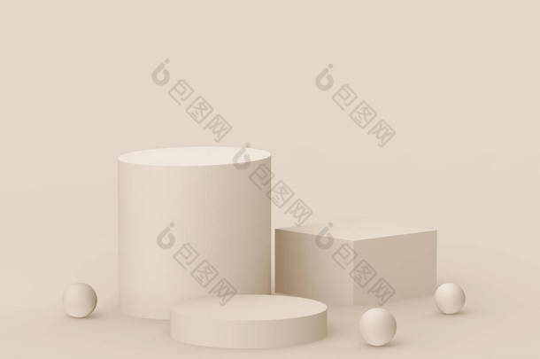 3D棕色乳白色舞台讲台现代最小设计工作室背景。摘要三维几何形体图解绘制.展示化妆品时尚产品.自然色彩色调.