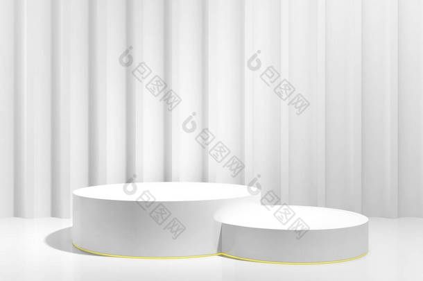 两个灰色圆柱形台座,镀金镶嵌在带有LED照明的<strong>凸起</strong>墙壁上.3D渲染。Podium平台，产品展示，化妆品。最基本的概念，最基本的概念.