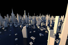 3D渲染白色城市，城市景观与建筑房屋和街道的浅水区效果