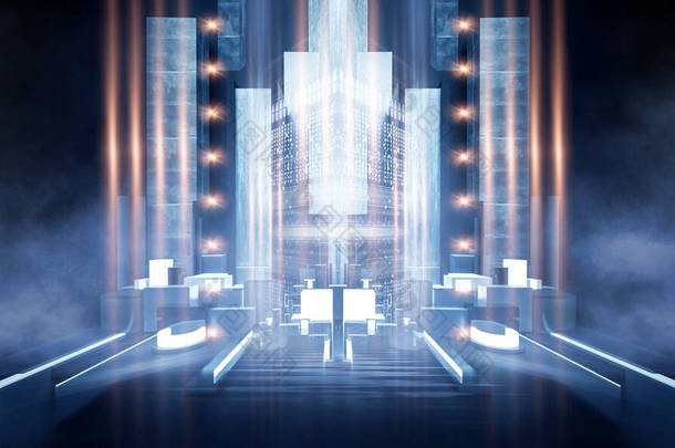 现代未来派深蓝色背景，发光三角形，线条和光线，霓虹灯，电灯隧道，带有聚光灯的黑暗舞台，微电路。3D插图