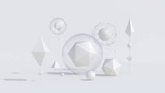 玻璃球的白色几何形状。单色抽象说明，3D渲染.