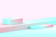 3D蓝色粉红立方体渐变的色彩在柔和的粉刷最小的工作室背景。摘要三维几何形体图解绘制.夏季假日产品的展示.