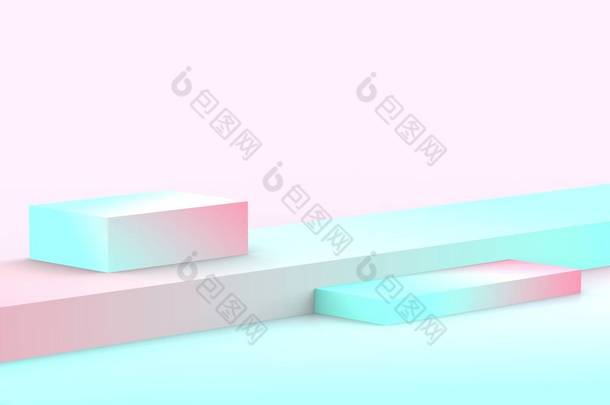 3D蓝色粉红立方体<strong>渐变</strong>的色彩在柔和的粉刷最小的工作室背景。摘要三维几何形体图解绘制.夏季假日产品的展示.