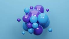 塑料糊状蓝色和紫色泡沫。动态三维球体的文摘背景。三维渲染光滑球的图解。现代流行横幅或招贴画设计