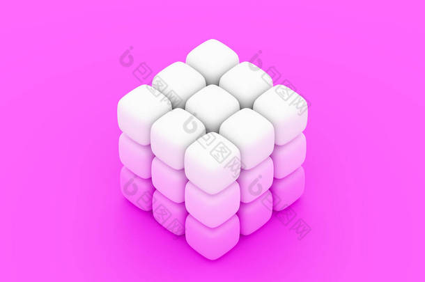 在粉红色孤立的背景上，一个由小立方体组成的霓虹灯白色立方体的3D图像。虚拟现实中的Yber立方体。未来主义几何概念 