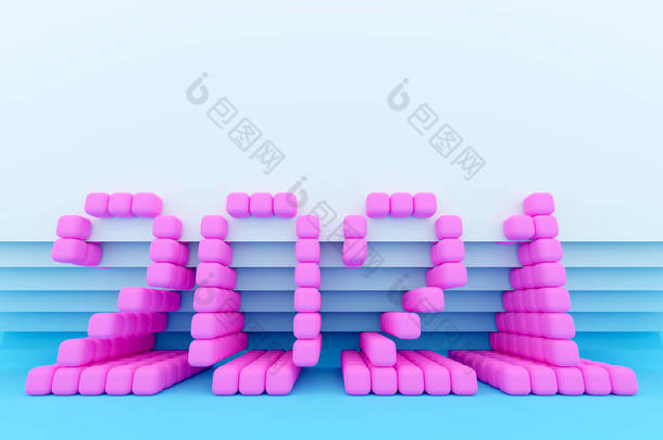 3D插图<strong>2021</strong>年来自蓝色孤立背景上的小粉色立方体。关于新年象征的说明.